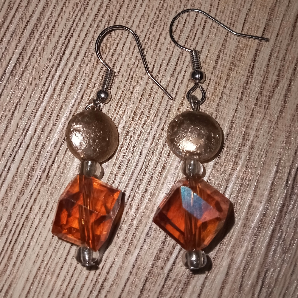 New Sterling Silver orange topaz crystal and gold metallic statement earrings